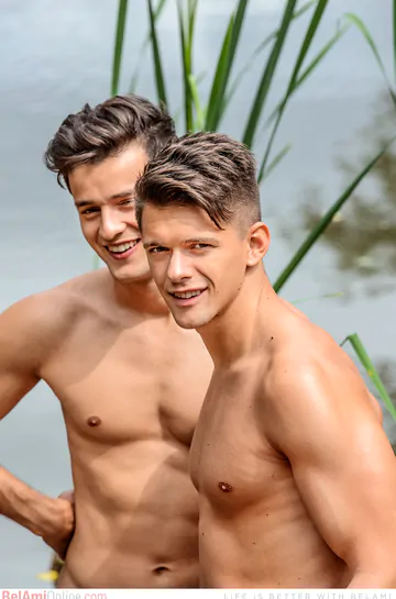 Nude hotties by a pond