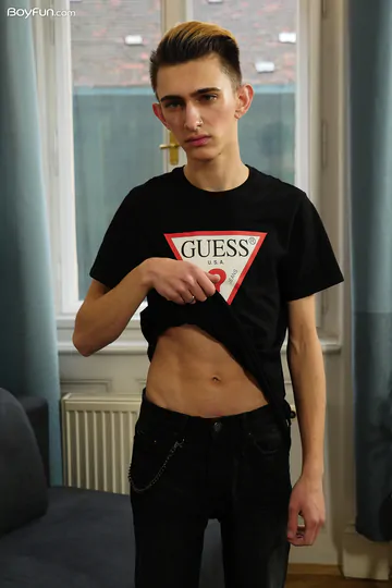 Skinny boy with a huge shaved dick