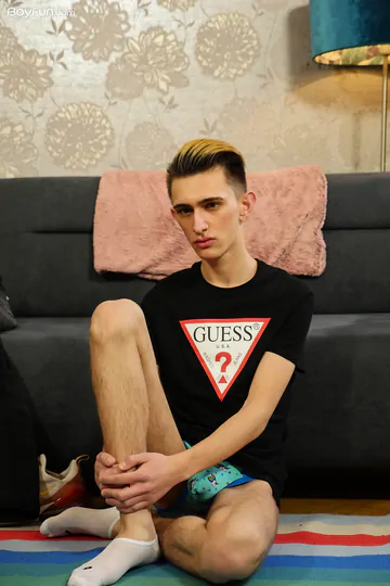Skinny boy with a huge shaved dick