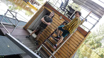 Two guys on a houseboat having sex
