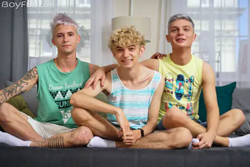 Three gay twinks having sex