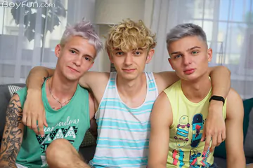 Three gay twinks having sex