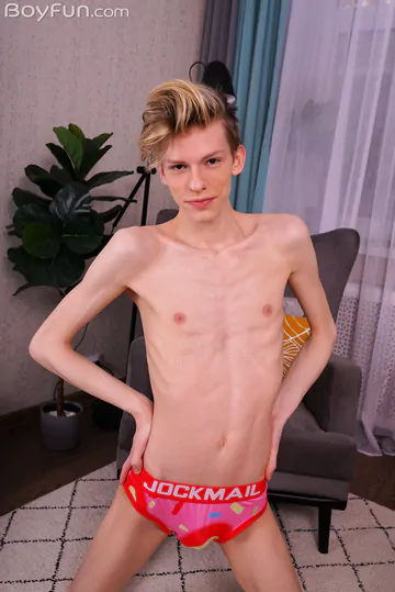 Very skinny blonde gay twink