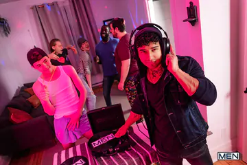 Two guys at a party boning