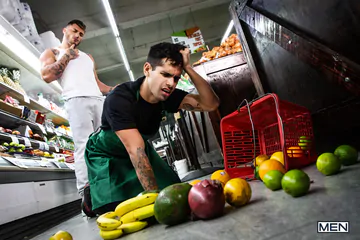 Two guys in a grocery store fucking