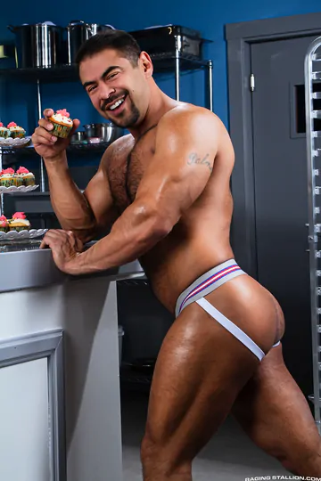 Hairy guys in a bakery