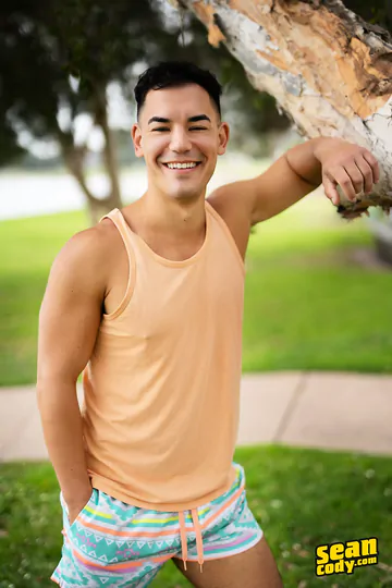 Happy guy with a curved cock