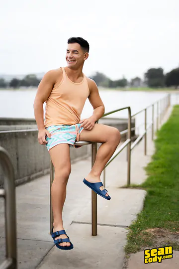 Happy guy with a curved cock