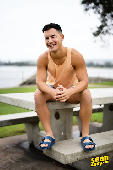 Happy guy with a curved cock