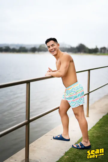 Happy guy with a curved cock