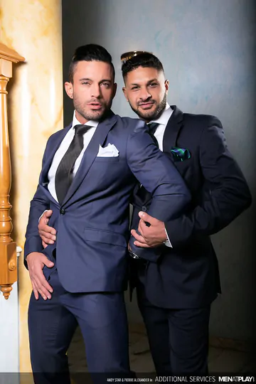 Men in suits having bareback sex
