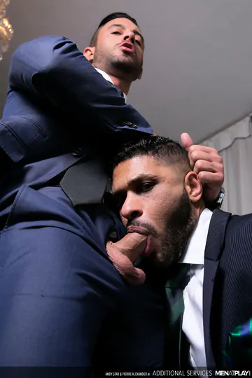 Men in suits having bareback sex