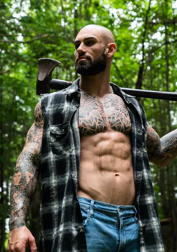 Tattooed hunk wanking in the forest