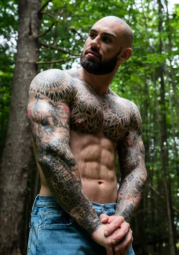 Tattooed hunk wanking in the forest