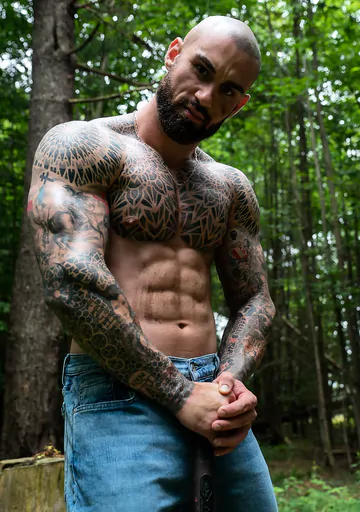 Tattooed hunk wanking in the forest