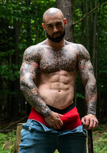 Tattooed hunk wanking in the forest