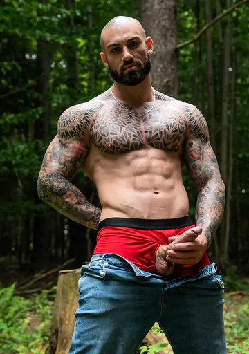 Tattooed hunk wanking in the forest