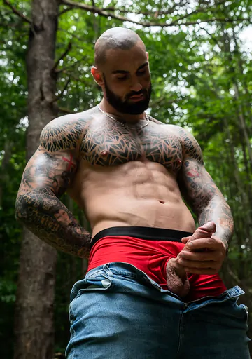 Tattooed hunk wanking in the forest