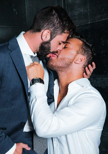 Guys in suits taking a shower