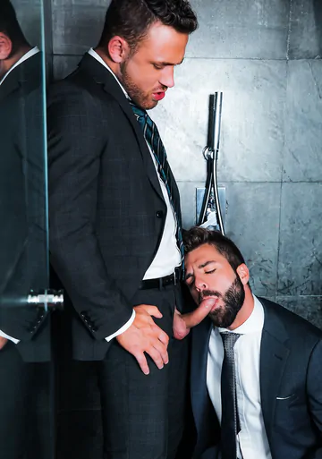 Guys in suits taking a shower