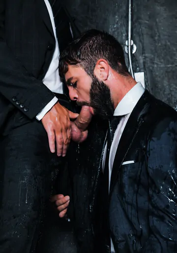 Guys in suits taking a shower