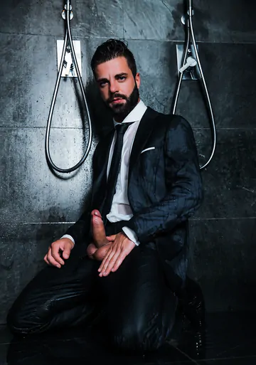 Guys in suits taking a shower