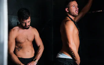 Guys in suits taking a shower