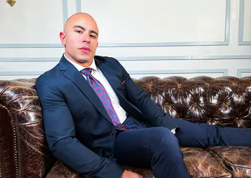 Bald muscular guy showing his goods