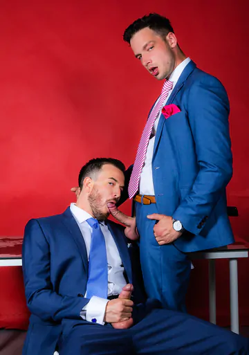 Men in blue suits having sex