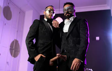 Masquerade ball men having sex