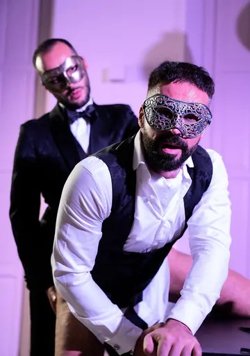 Masquerade ball men having sex
