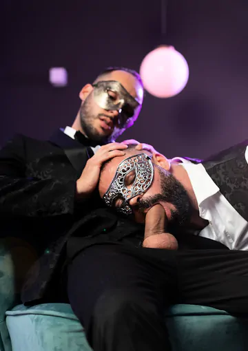 Masquerade ball men having sex