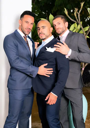 Clothed men fucking in the pool