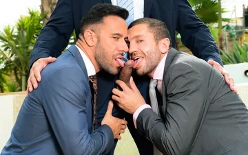 Clothed men fucking in the pool