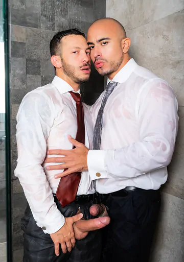 Clothed guys fucking in the shower