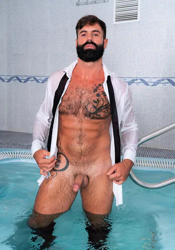 Clothed men fucking in a hottub