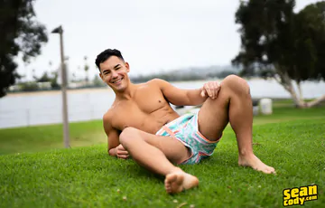 Happy guy with a curved cock