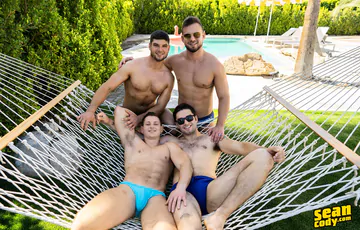 Guys by a pool having sex