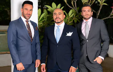 Clothed men fucking in the pool